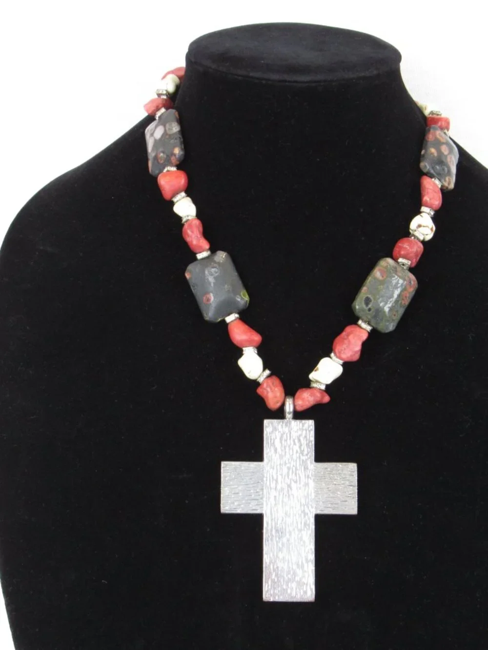 Chunky Beaded Cross Pendant Necklace Red Black Cream Southwestern Boho Statement